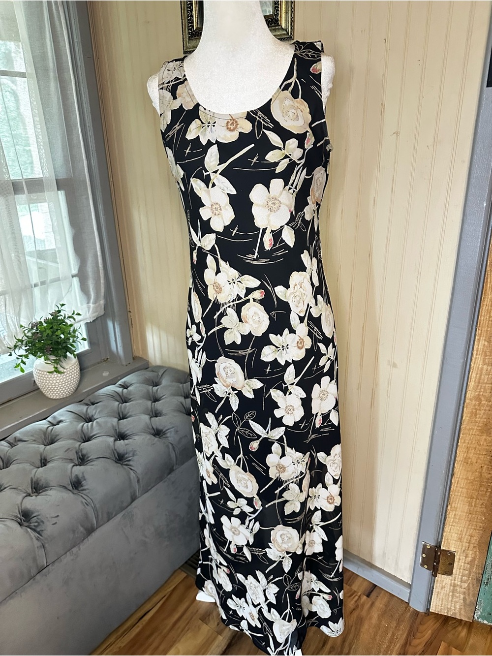 Vintage Y2K CDC Caren Desirees Company Floral Maxi Dress Black Womens Size 6